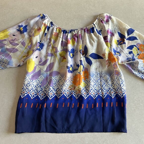 Floral Half Sleeve Silk Peasant Blouse ASO Alex Russo - Picture 7 of 9